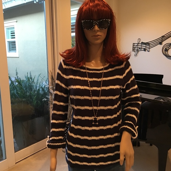 Navy & White Striped Cuffed Sleeve Sweater - Picture 5 of 5